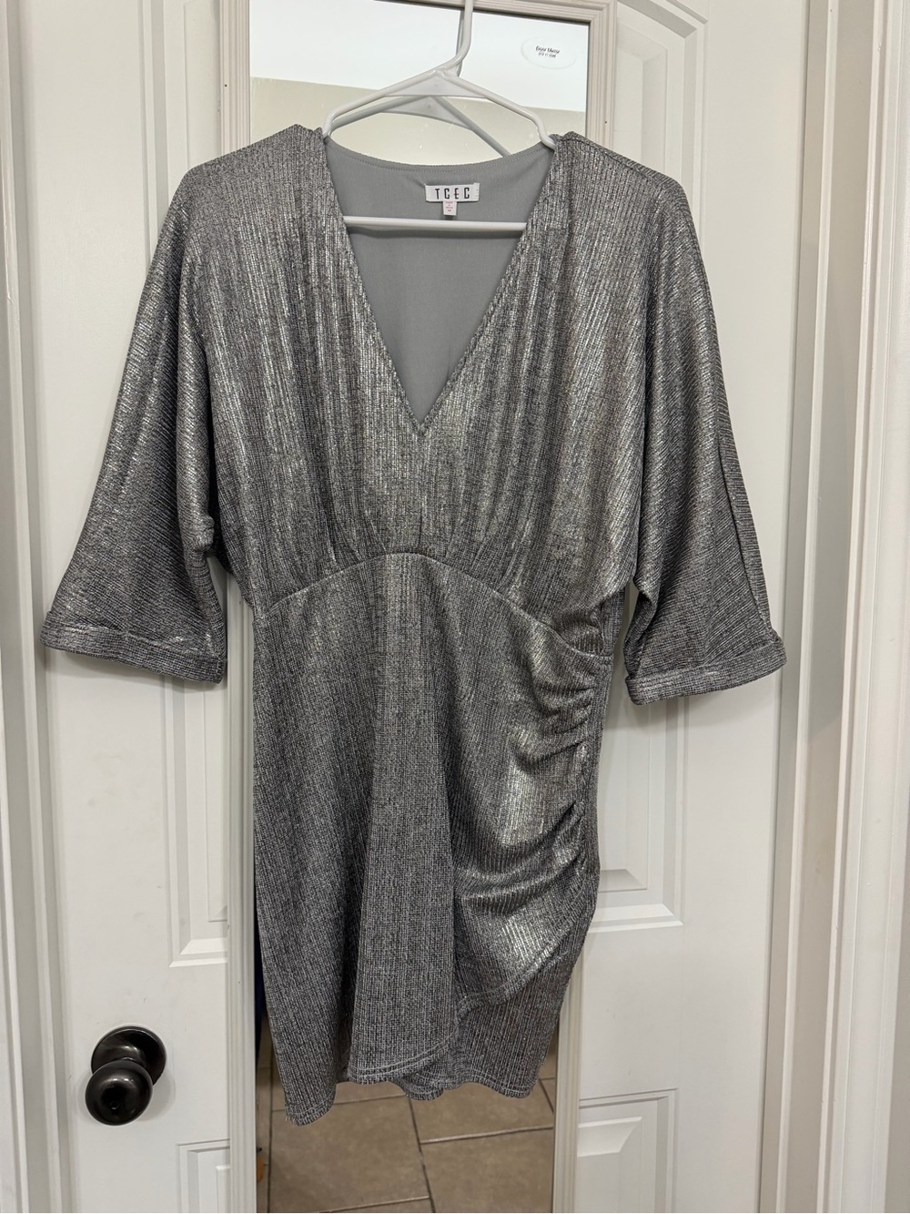 TCEC Silver Metallic V-Neck Party Dress